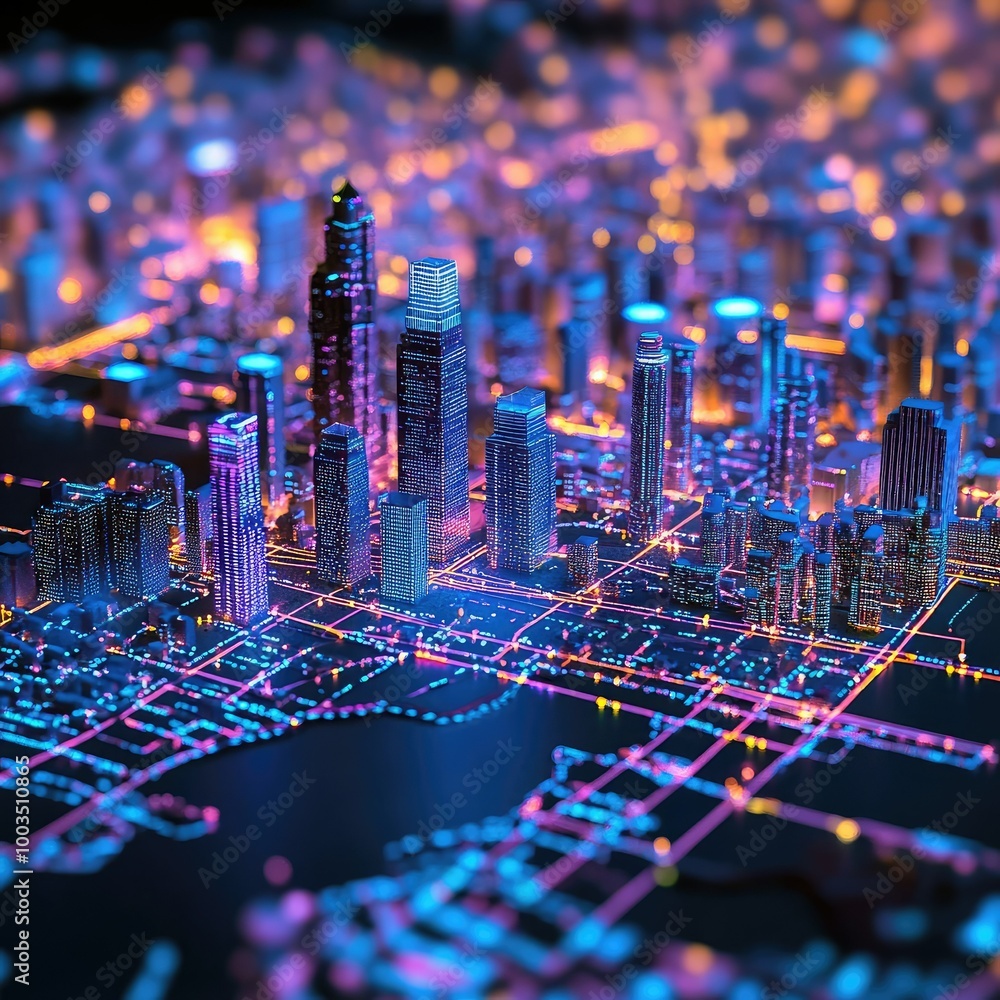 Poster holographic 3d model of a city with data points, representing smart city development and tech integr