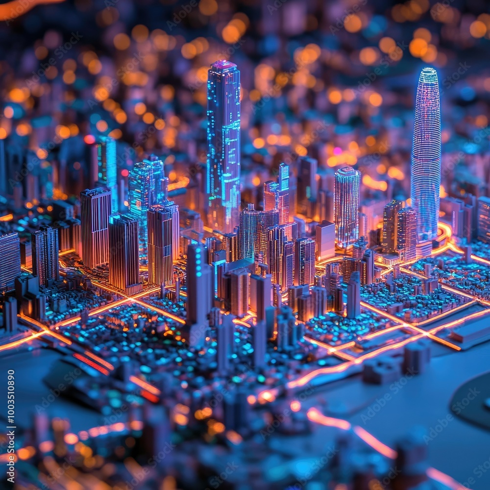 Aufkleber holographic 3d model of a city with data points, representing smart city development and tech integr