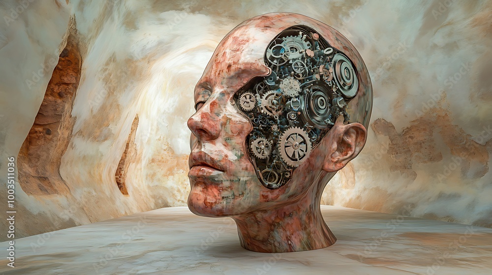 Poster a 3d rendering of a human head with gears and cogs replacing the inside of the brain, set against a 