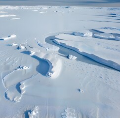 Snow Covered Antarctic Surface Aerial View Flight. South Pole Ice Landscape. Winter Frozen Ground Continent Snowy Frost Rock Epic Drone Fly