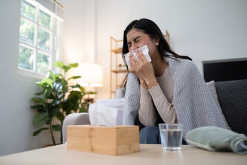 Female sick headache pain suffer from sick disease, nose tissue sick unwell un healthy.