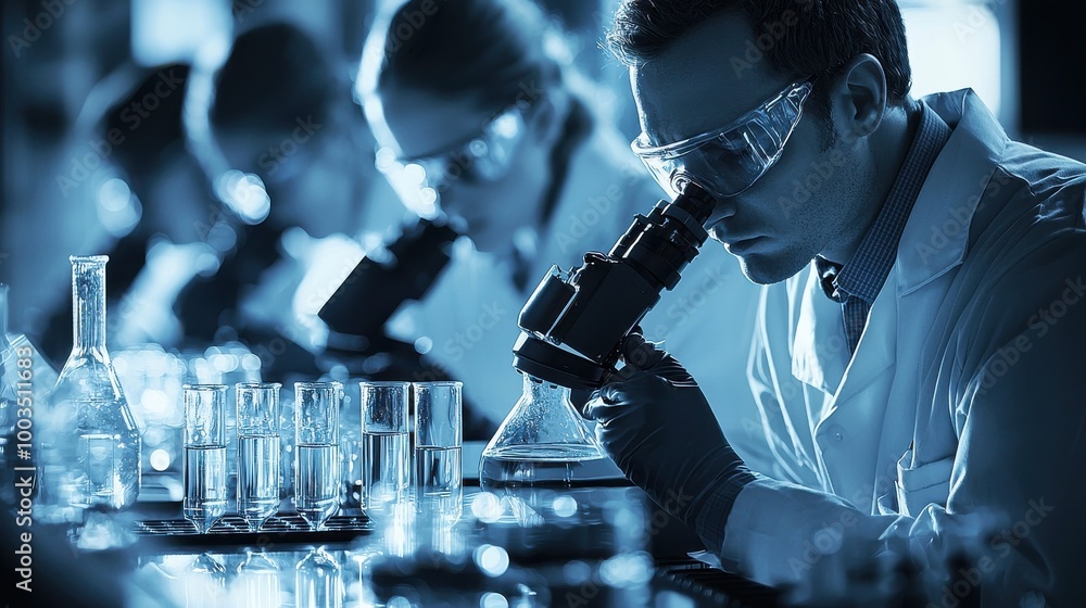 Poster scientists conducting research in a laboratory using microscopes during the evening hours for detail