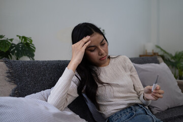 Female sick headache pain suffer from sick disease, nose tissue sick unwell un healthy.