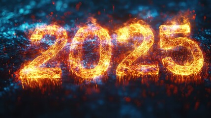Fiery 2025 Numbers in Glowing Flames on Dark Background for New Year Celebration and Future Concept