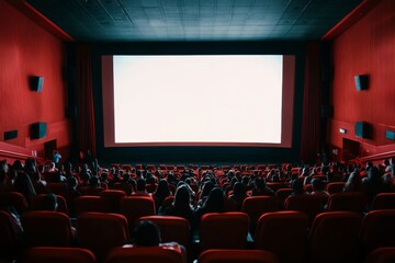 Audience in a movie theatre watching a blank screen.