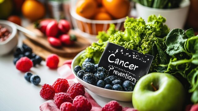 A vibrant display of fresh fruits and vegetables promoting cancer prevention.
