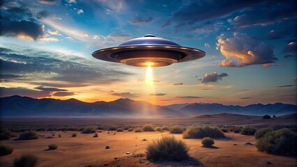 UFO Above Desert Landscape at Sunset