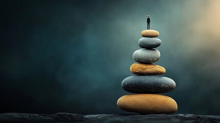 Obraz premium The statue stands gracefully atop a meticulously arranged pile of stones, representing a powerful symbol of success, stability and inner strength.
