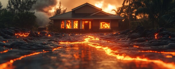 House engulfed by lava with dramatic orange and black volcanic landscape.