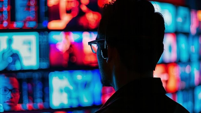 Security guard monitors surveillance cameras at night in a dark room filled with technology, staying alert to protect the space
