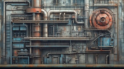 Industrial Wall with Pipes and Machinery