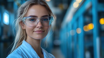Fototapeta premium Young woman in safety glasses smiles confidently while working in a modern laboratory environment during the day