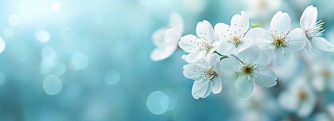 White blossoms on a blue bokeh background with a shallow depth of field.