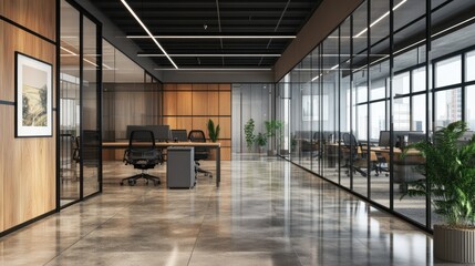 Large office space with modern dcor, glass walls, and ergonomic workstations for a professional look.