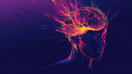 Obraz premium A vibrant illustration of a human head with a glowing brain, symbolizing creativity and thought.