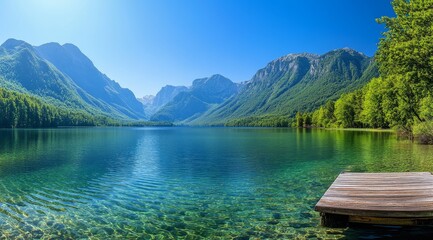 Obraz premium Wooden dock overlooking a calm lake with a mountain range in the background.