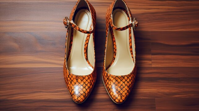 Orange Snake Skin Heels on Wood Floor