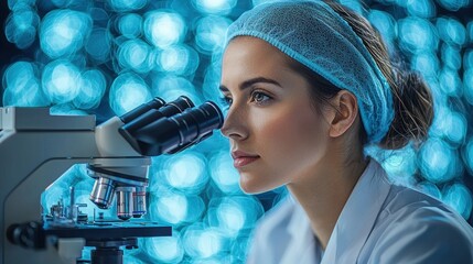 A dedicated scientist examines samples through a microscope in a vibrant laboratory filled with glowing blue lights