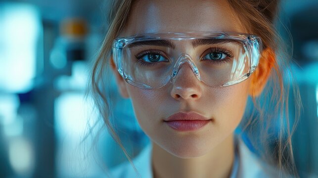 Young female scientist wearing safety glasses in a laboratory while focusing on ongoing experiments during the day