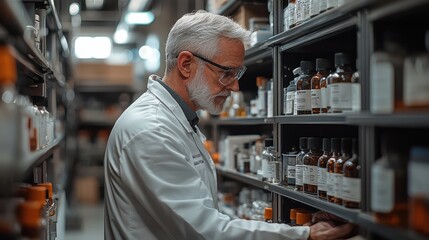 A scientist organizes chemical bottles on shelves in a research lab during the day, focusing on precise labeling and storage