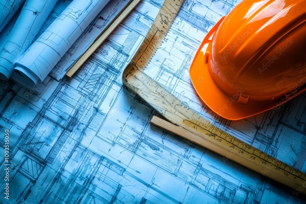 Poster close-up of an orange hardhat, ruler, and blueprints on a table.