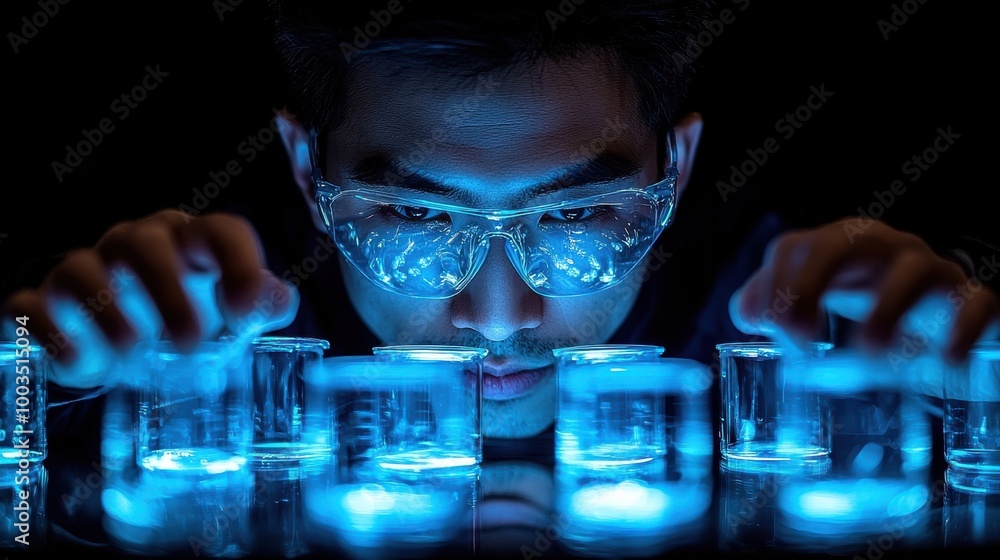 Poster a scientist conducts experiments with glowing test tubes in a dark laboratory setting during a late-