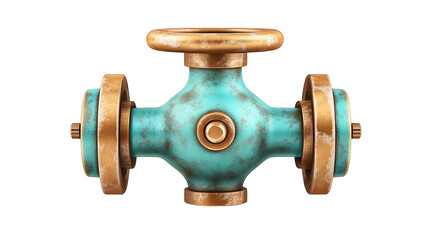 A rusty, turquoise pipe with a brass valve in the center. The pipe has four outlets and is isolated against a black background.
