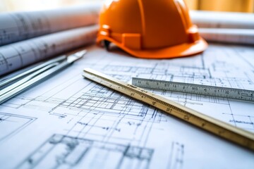 Close-up of architectural blueprints, a ruler, and a hard hat.