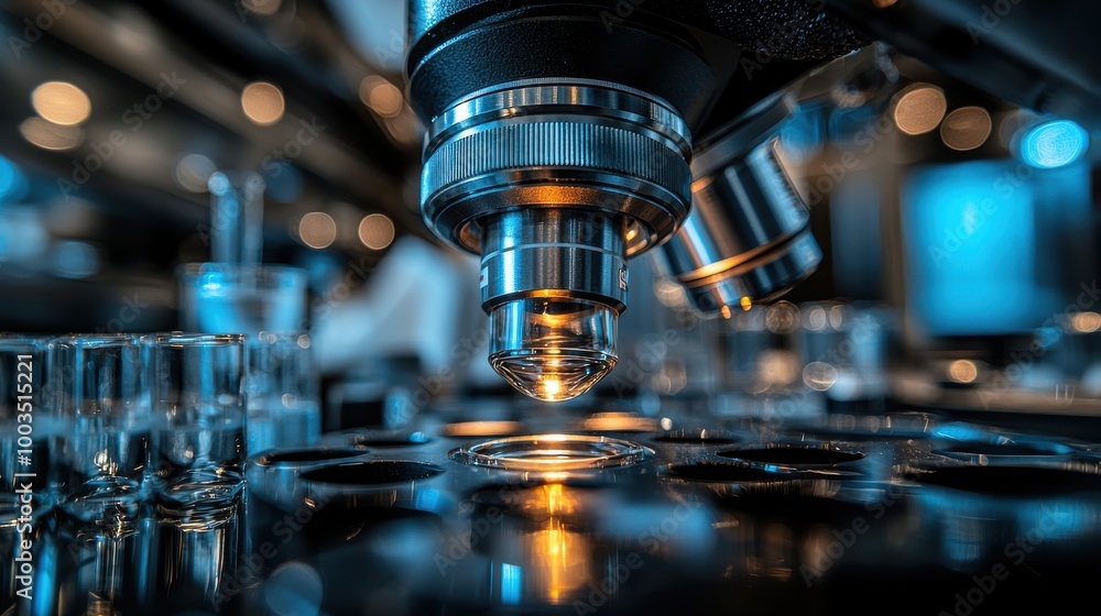 Poster detailed examination of a microscope focusing on a specimen in a lab setting, highlighting intricate