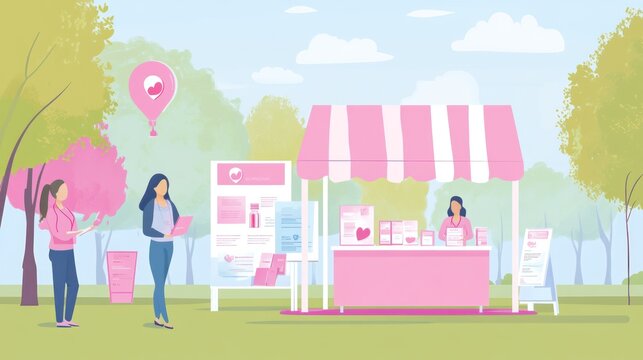 A vibrant outdoor booth promoting health awareness, with informational materials and visitors.
