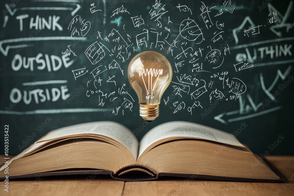 Poster open book with a glowing light bulb above it, and a chalkboard with the words 