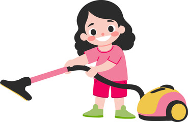 Happy Girl Cleaning with Vacuum Cartoon Illustration