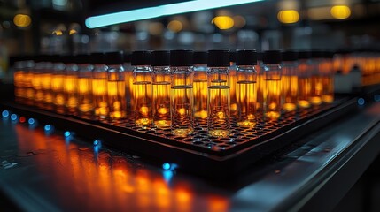 Laboratory workspace showcasing glass vials filled with orange liquid under bright lighting during a research experiment at night