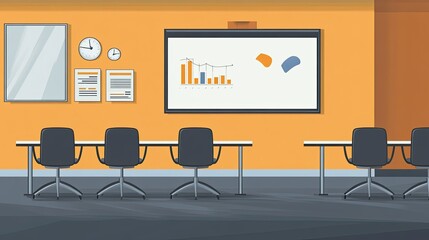 Minimalistic office interior with empty chairs, a whiteboard, and charts, portraying a productive work environment.