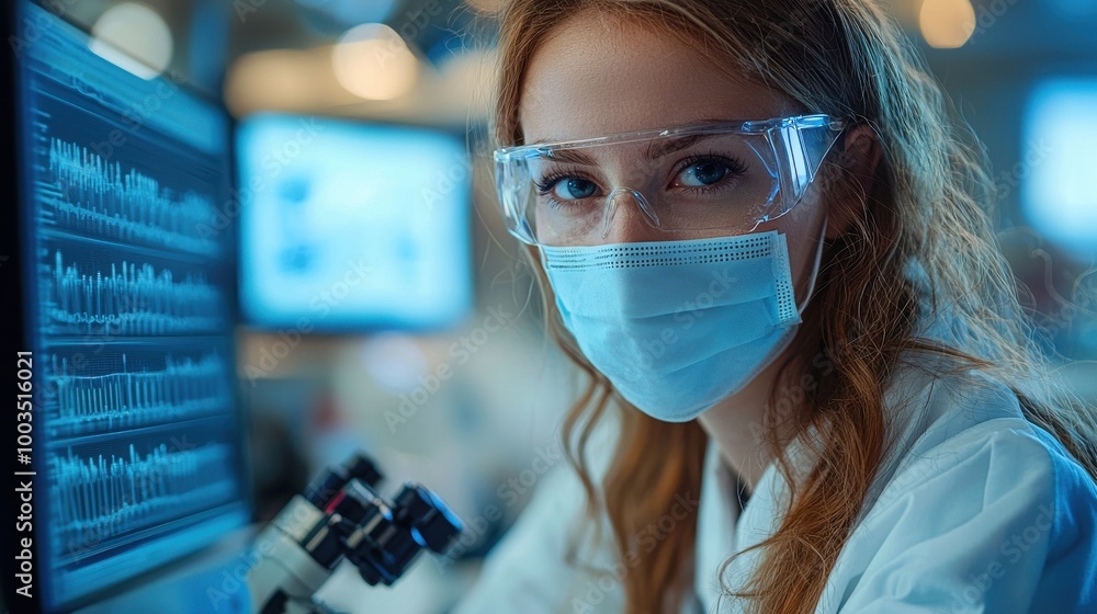 Aufkleber a female scientist in protective gear examines data on a computer screen in a laboratory setting dur