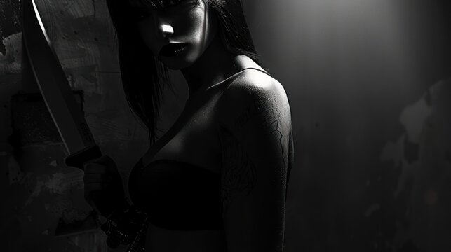 Stylish psychopath woman posing for mafia with knife in her hand AI generated image