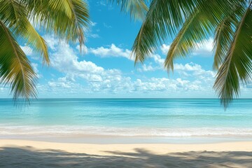 A beautiful beach scene with palm trees, blue sky, and white clouds, framing the turquoise ocean.