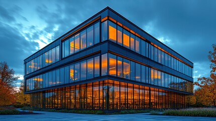 Fototapeta premium Modern architectural building with large glass windows reflecting orange evening light during sunset in an urban setting