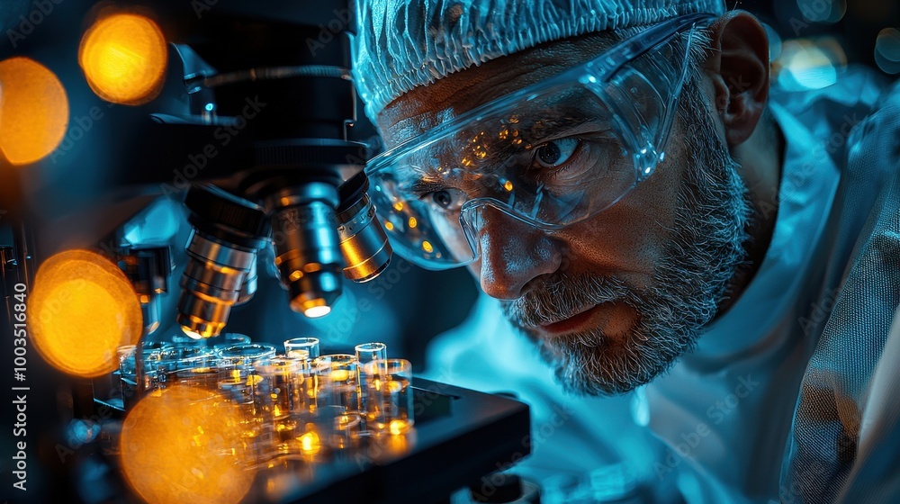 Poster a scientist examines samples under a microscope in a lab surrounded by glowing lights during a late 