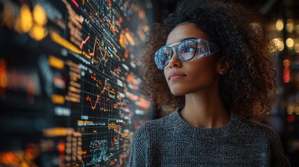 A woman analyzes data projections in a modern workspace, observing trends on a large screen in a bustling city during the evening