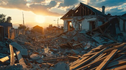 Damaged residence with wooden boards and debris left after a severe seismic event