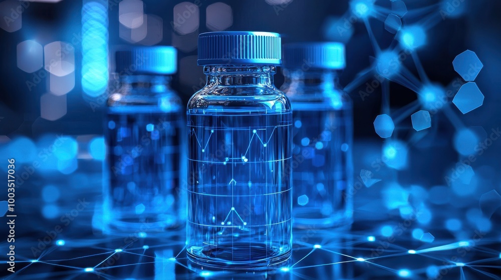 Poster three blue laboratory vials with glowing data visualization on a futuristic surface in a scientific 