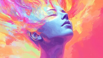 A vibrant, abstract representation of a woman's head with colorful, flowing hair and energy.