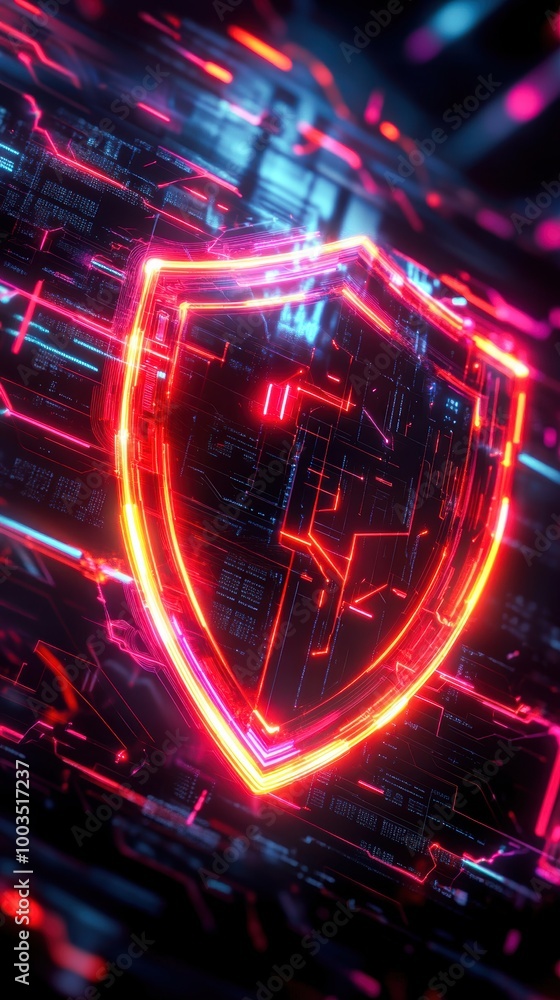Poster abstract neon shield symbol representing security and protection in a digital environment.