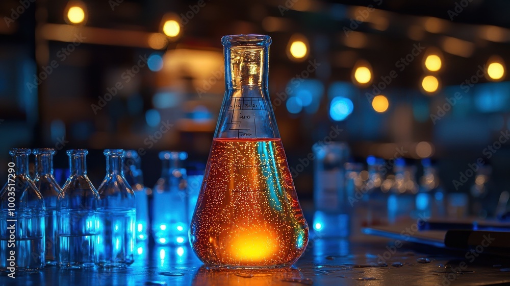 Poster glowing laboratory flask with colorful liquid on a workbench illuminated by ambient lights during ni