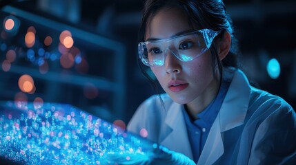 A young scientist examines glowing particles in a laboratory at night while wearing protective goggles and a lab coat