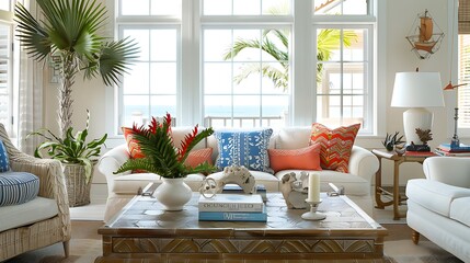 Coastal living room with white furniture and tropical plants, overlooking a stunning ocean view through large windows.