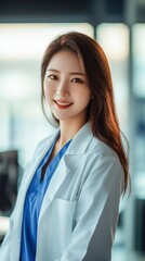 Fototapeta premium A smiling female healthcare professional wearing a white lab coat and blue scrubs, exuding confidence in a clinical setting.