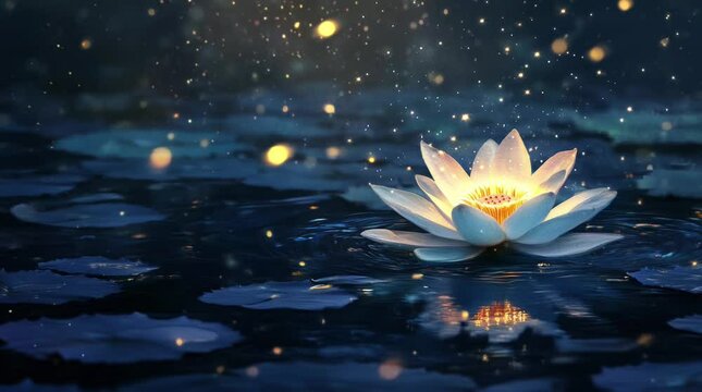 lotus flowers that are blooming and emitting light. Virtual 4K video animation background with looping time lapse with very smooth graphics.