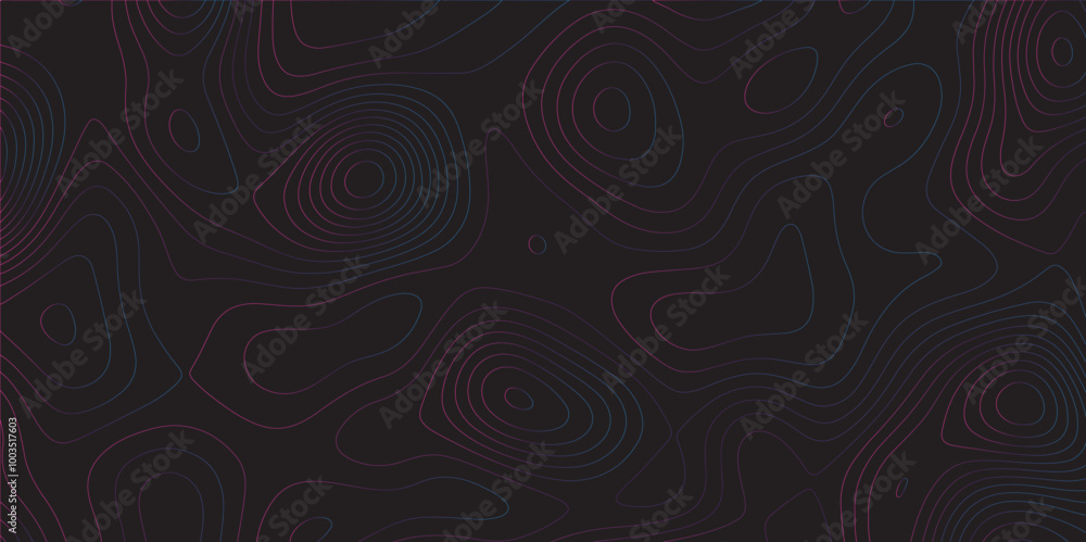 Poster Abstract black colorful gradient Topographic line map pattern background. Contour elevation topographic and textured Background Modern design with black background with topographic wavy Patte and dot	